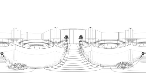 spherical panoramic render of the store, contour visualization, 3D illustration, sketch, outline
