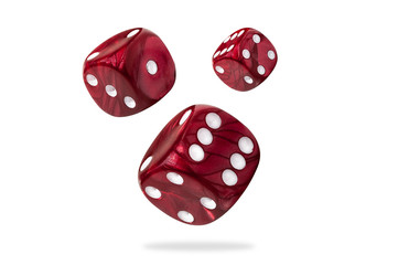 Three red rolling dices, isolated, on white background