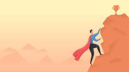 Vector illustration of a man, climbing a mountain to get a prize on the top. Motivational illustration with a place to add headline or something else