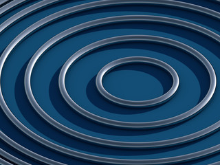 Abstract 3D render of shiny cold metal rings focusing attention, like target. Colors: classic blue background