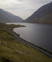 Aerial view of Doo Lough with road and lake