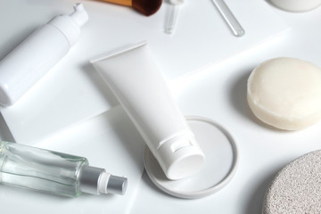 beauty spa medical skincare and cosmetic lotion cream serum oil mockup bottle packaging on white decor background, collagen healthcare medicine concept