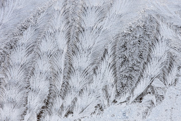 Frost forms in patterns on window glass on a cold winter morning