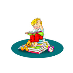 Der kleine Leser sitzt barfuß in der Nacht auf einem Bücherstapel. Er rauft sich die Haare und ist total gespannt über das, was er da liest. Faszination lesen. Kinderbuch Illustration niedlich.