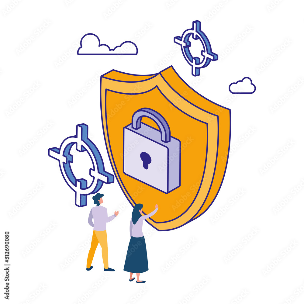 Poster people and padlock of security system vector design