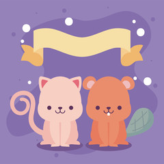 Cute cat and beaver cartoons vector design