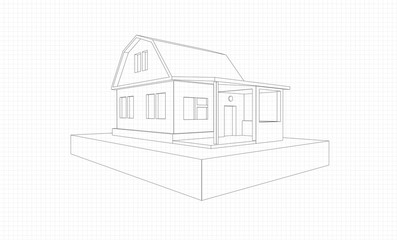 Drawing of a cottage house with gray lines on a notebook sheet