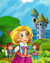 cartoon forest scene with princess and prince on path near the forest sea shore and and castle tower - illustration for children