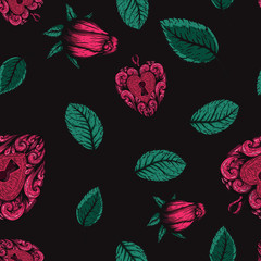 Seamless vector etching handdrawn pattern with roses, hearts, and leaves a dark background