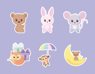 Cute animals cartoons icon set vector design