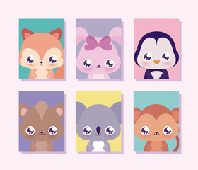 kawaii animals cartoons inside frames vector design