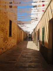 narrow cobbled street with festival streamers