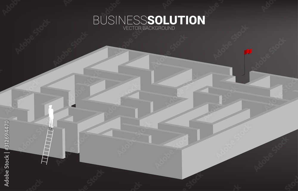 Poster silhouette of businessman standing to top of maze with ladder. business concept for problem solving 