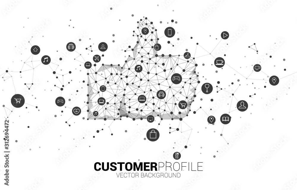 Poster thumb up icon from dot connect line polygon network. concept of customer satisfaction , client rating and ranking.