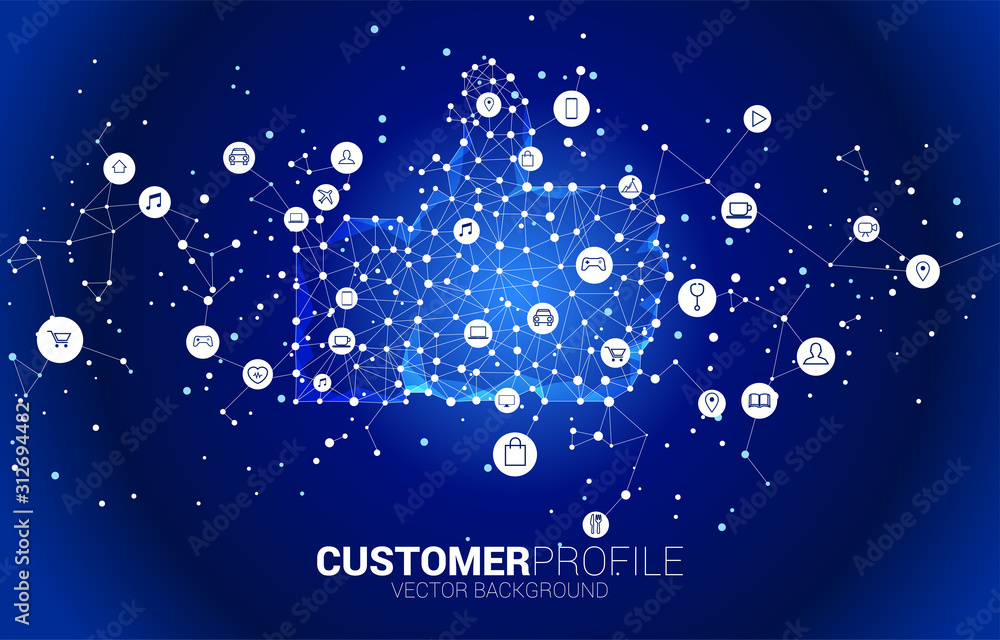Poster thumb up icon from dot connect line polygon network. concept of customer satisfaction , client rating and ranking.