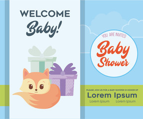 Baby shower invitation with fox cartoon vector design