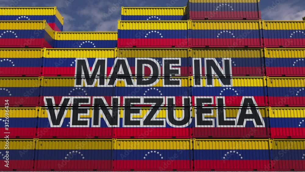 Poster many containers with made in venezuela text and national flags. venezuelan import or export related 