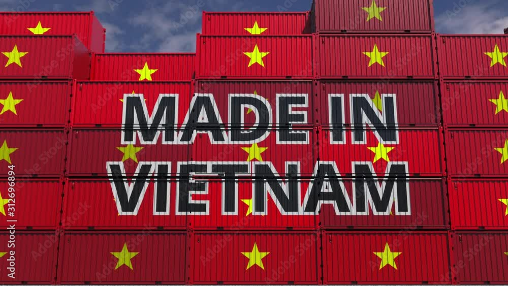 Poster cargo containers with made in vietnam text and national flags. vietnamese import or export related 3