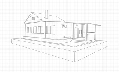 Technical drawing of a gray country cottage on a notebook sheet
