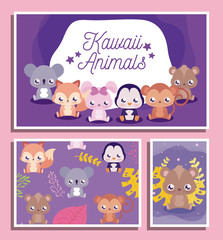 kawaii animals cartoons inside frames vector design