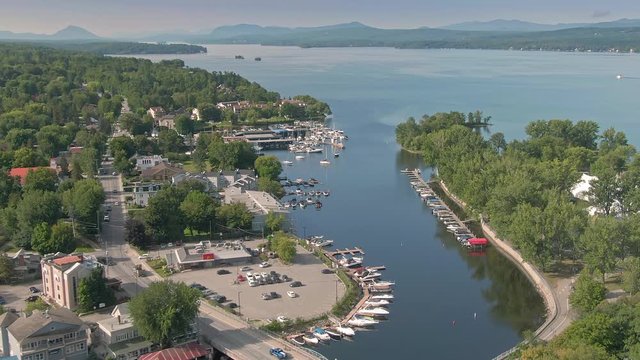 Aeria flying over the town of Magog in the eastern townships, Quebec, Canada