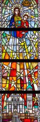 Tylicz, Poland. 2019/8/8. Stained-glass window depicting Our Lady of Tuchów Poland. The Sanctuary of Our Lady of Tylicz.
