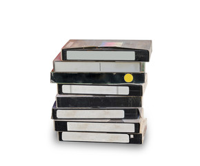 Stack of old video cassette on white background, This has clipping path.