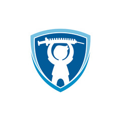 Shield logo, vector shield  with silhouette kid holding syringe, health protection logo, vaccine immunization, child health care logo, medical clinic symbol