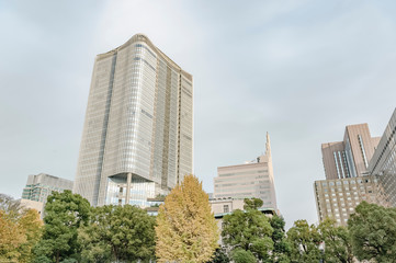 東京都千代田区日比谷にある都心にある公園と高層ビル群
