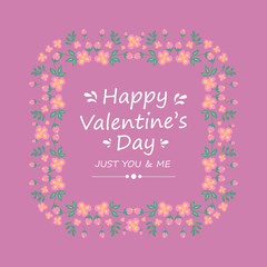 Fototapeta na wymiar Shape of elegant happy valentine invitation card, with romantic and unique pattern leaf and flower frame. Vector