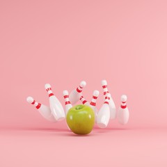 Green apple fruit strike with bowling on pink background. Fruit Minimal ideas concept. 3D Render.