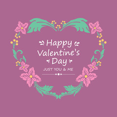 Modern happy valentine greeting card design, with elegant leaf and pink wreath frame. Vector