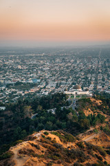 View above Griffith Observatory at sunset, in Griffith Park, Los Angeles, California
