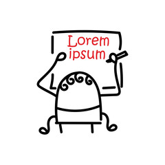 A funny little man writes on a large sheet of paper. Hand-drawn illustration, outline style.