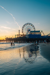 The Santa Monica Pier at sunset, in Los Angeles, California