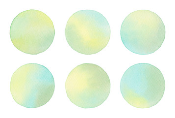 Green turquoise yellow hand-painted watercolor circle isolated design element set