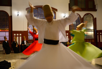 Whirling Dervish Sema Ceremony with musicians and women dancers Istanbul - obrazy, fototapety, plakaty