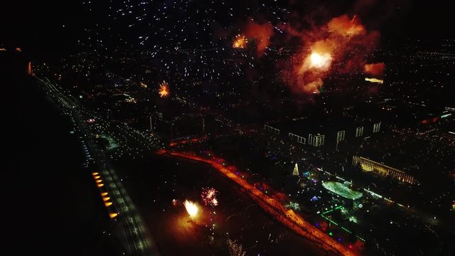 Colorful fireworks in new year in the downtown of the night sky with colored light