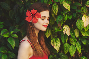 beautiful woman green leaves nature