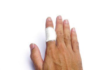 hand with bandage on white background, Injured painful finger with white bandage