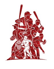 Group of Baseball players action cartoon sport graphic vector.