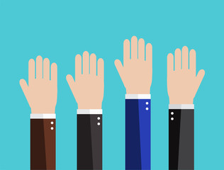 Fototapeta premium Businessman hands raised up. Voting concept. Vector illustration