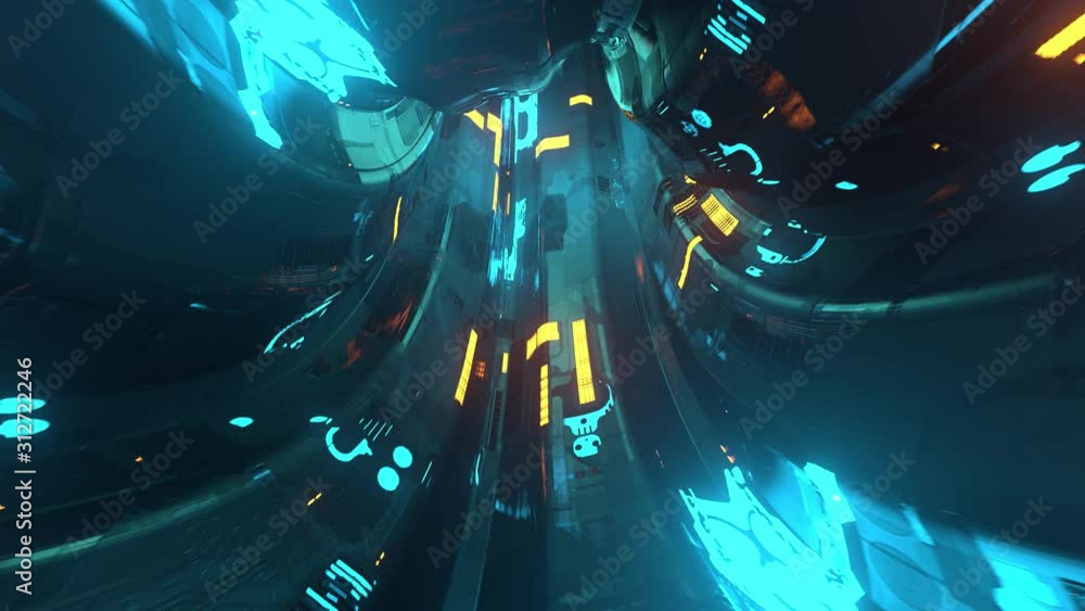 Poster 3d render of 4k sci-fi tunnel with glowing zones with motion blur. high detailed surface of spaceshi