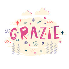 THANKS in Italian GRAZIE hand drawn vector lettering isolated on white background. Modern flat color illustration.  Perfect for card, icon, logo, banner, sticker