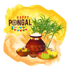 Happy Pongal religious festival of India celebration with pongal rice in a traditional mud pot, wheat grain, bamboo, fruits and laddu. Vector illustration.