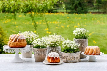Traditional Easter cakes, beautiful spring flowers and handmade decoration