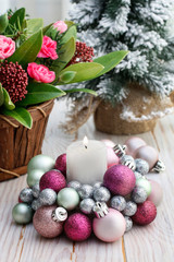 Candle holder made of glass balls. Beautiful table decoration