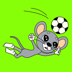 mouse soccer player in the fall bounces a football ball, color vector clip art on green isolated background
