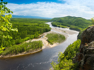 Fototapeta na wymiar Mountain River Valley Amgun. Khabarovsk Krai in the Russian Far East. Amgun river views of the beautiful.