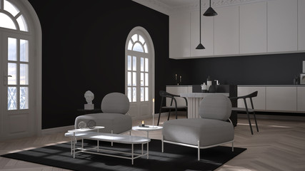 Luxury lounge, living room and kitchen in classic room with stucco molded walls and parquet floor. Island with chairs, armchairs with table and carpet. White and gray interior design